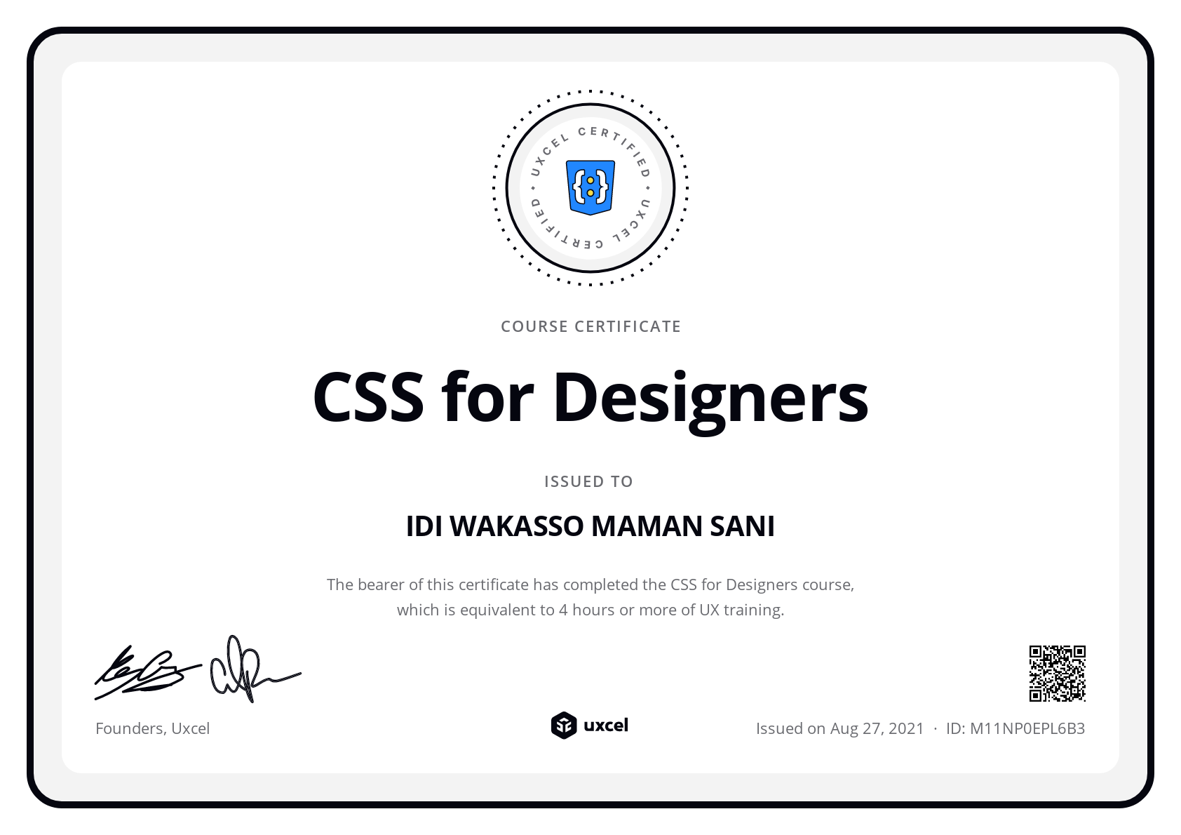 Maman Sani Idi Wakasso's certificate